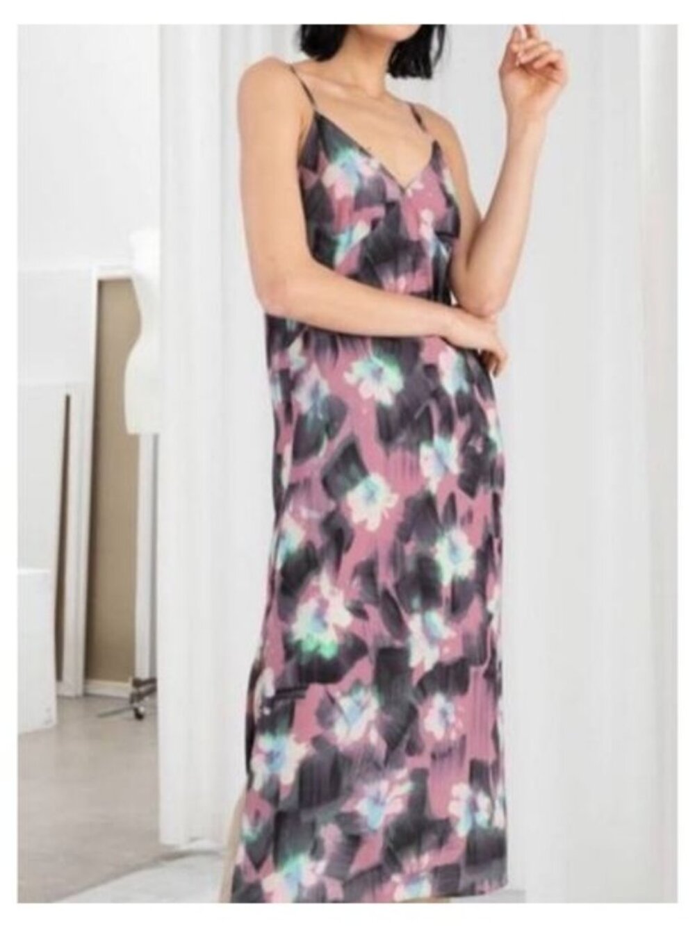 & OTHER STORIES Capsule Floral Watercolor Slit Midi Slip Dress Size 2